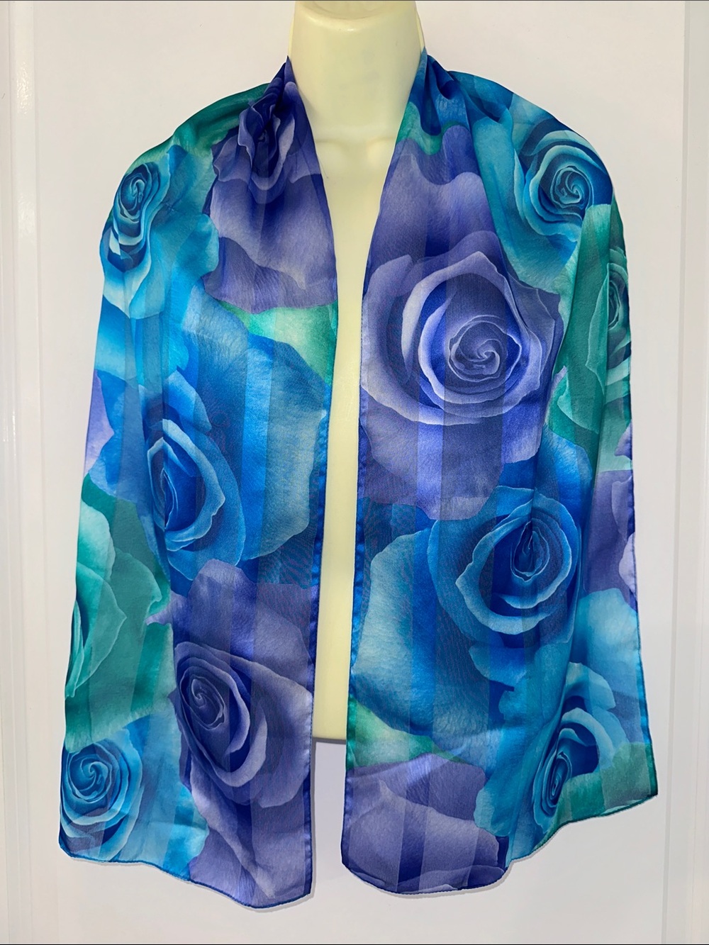 Lovely Blue, Teal & Purple Rose Print Lightweight‎ Polyester Scarf